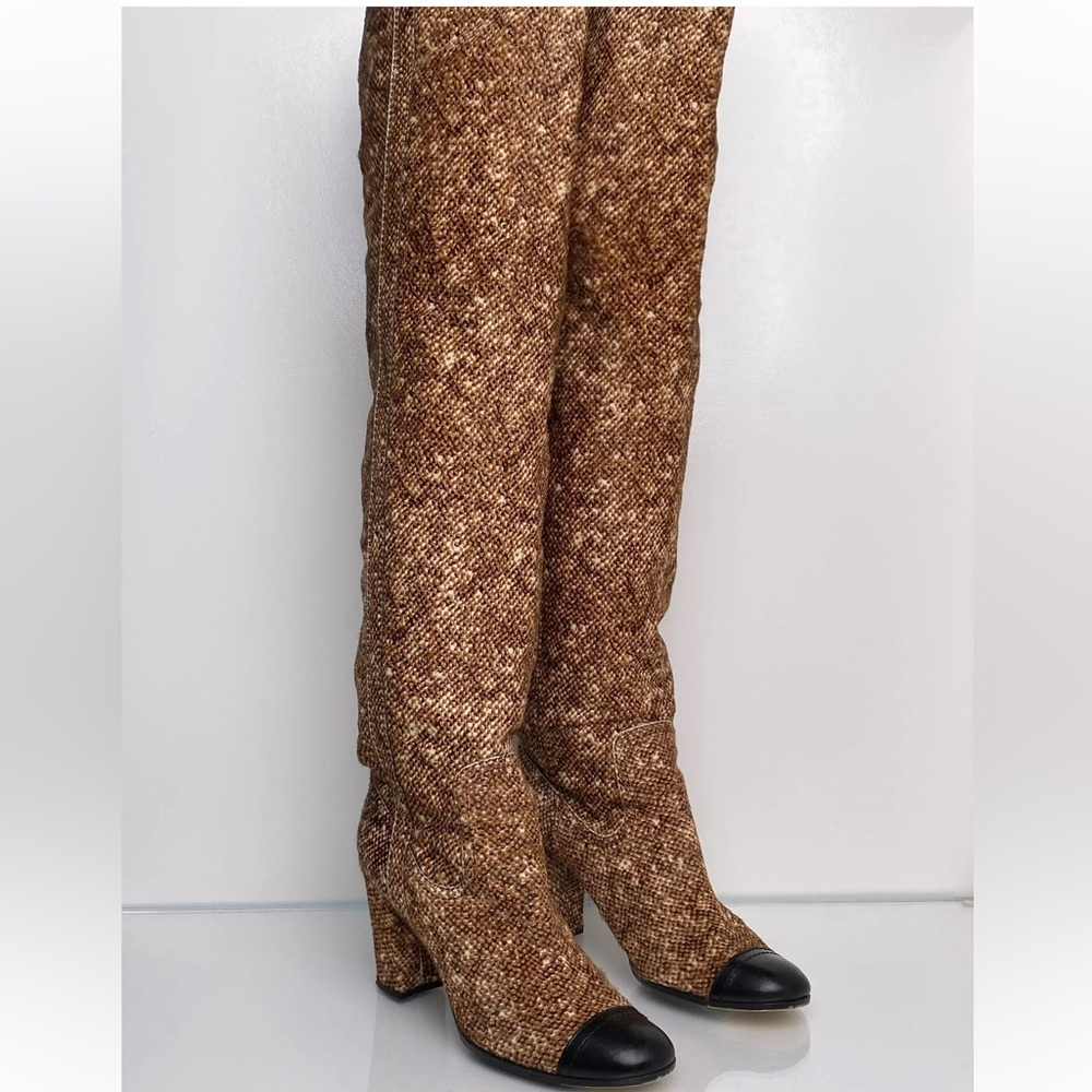 Chanel Brown Pony Hair & Leather Tweed Thigh Knee-High Boots Apres Ski 41 9.5 10